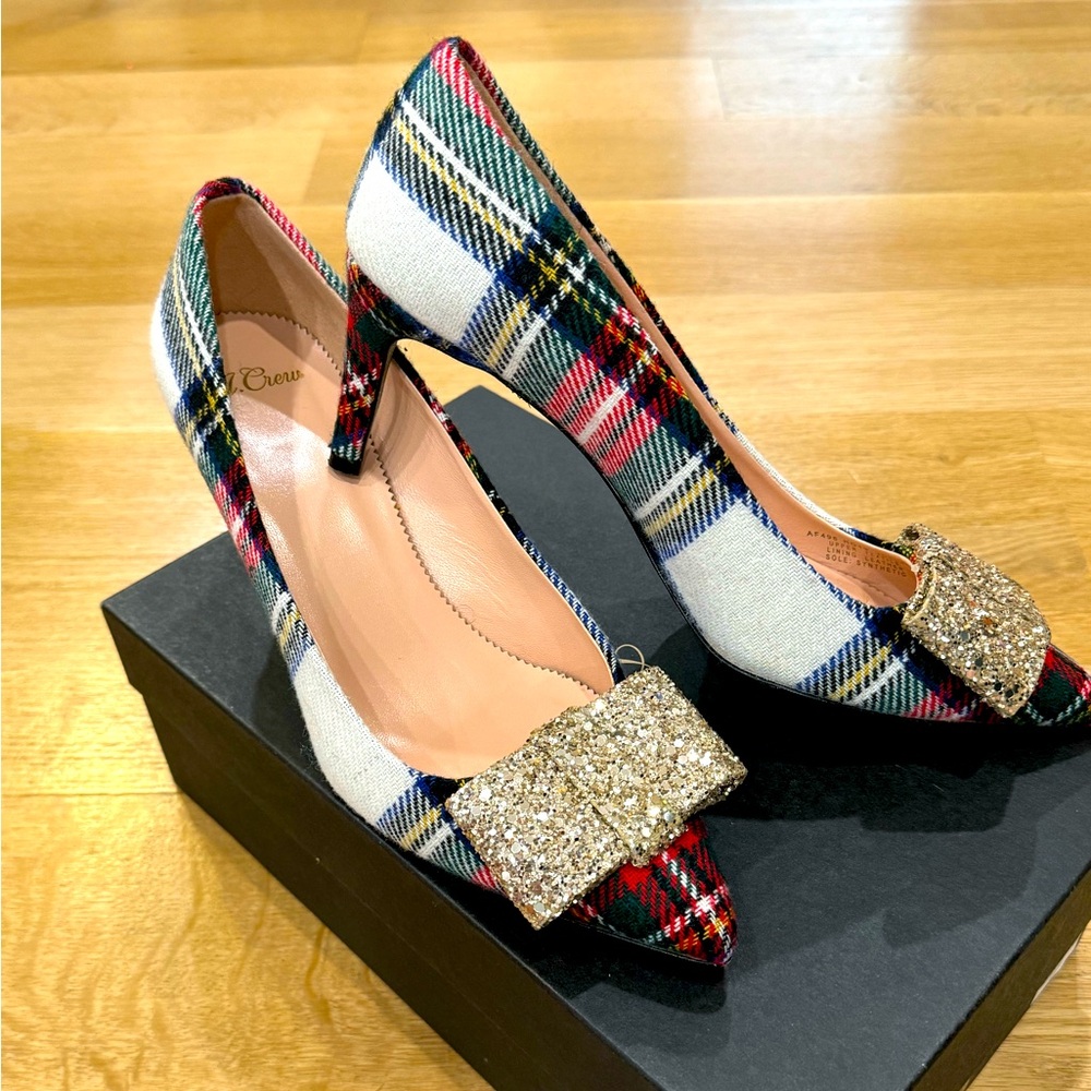 J.Crew Plaid Glitter Bow D’Orsay Pumps